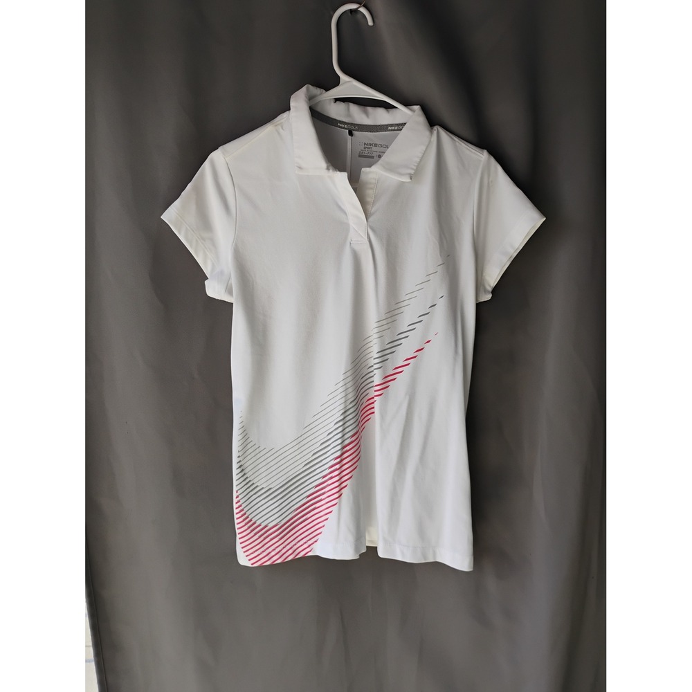 Nike Golf Sport Dri-FIT Polo Shirt White Red Grey Swoosh Graphic Womens Medium
